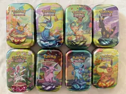 Pokemon TCG Prismatic Evolutions Full Set of 8 Sealed Mini Tins With Display - Image 2
