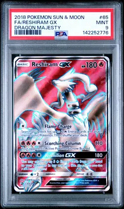 2018 POKEMON SUN & MOON DRAGON MAJESTY #65 FULL ART/RESHIRAM GX PSA 9 - Image 1