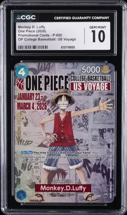 2026 ONE PIECE COLLEGE BASKETBALL #P-055 MONKEY D. LUFFY CGC 10 GEM MINT - Image 1