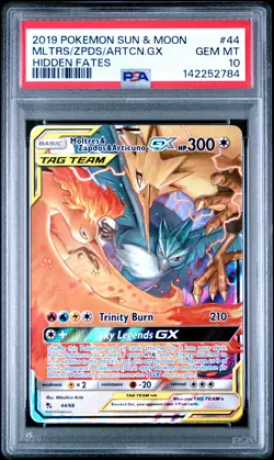 2019 POKEMON SUN & MOON HIDDEN FATES #44 MOLTRES & ZAPDOS & ARTICUNO GX PSA 10 - Image 1