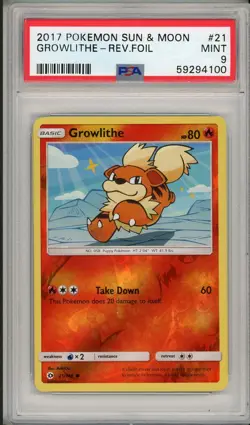 2017 Pokemon Sun & Moon Base Set Growlithe Reverse Foil Holo #21 PSA 9 - Image 1