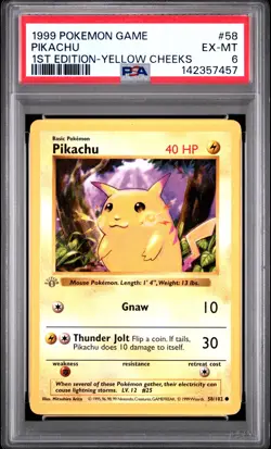 1999 POKEMON BASE SET 1ST EDITION-YELLOW CHEEKS #58 PIKACHU PSA 6 - Image 1