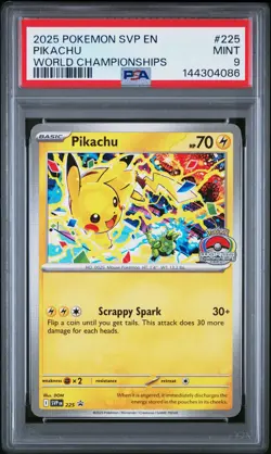 2025 POKEMON SVP EN-SV BLACK STAR PROMO WORLD CHAMPIONSHIPS #225 PIKACHU PSA 9 - Image 1