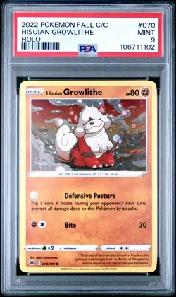 2022 POKEMON FALL COLLECTOR CHEST #070 HISUIAN GROWLITHE-HOLO PSA 9 - Image 1