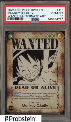 2025 One Piece OP13 EN #118 Monkey.D.Luffy Wanted Poster ALT ART PSA 10 - Image 1
