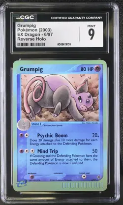 CGC 9 MINT Grumpig 2003 EX Dragon 6/97 Reverse Holo Pokemon Card - Image 1