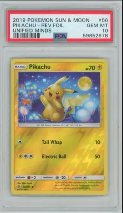 2019 POKEMON SUN & MOON UNIFIED MINDS #56 PIKACHU-REVERSE FOIL PSA 10 - Image 1