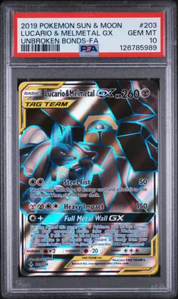 2019 POKEMON SUN & MOON UNBROKEN BONDS FULL ART/LUCARIO & MELMETAL GX PSA 10 - Image 1