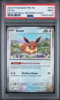 2025 POKEMON PRISMATIC EVOLUTIONS 074 EEVEE MASTER BALL REVERSE HOLO PSA 9 - Image 1