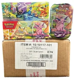 Pokemon Scarlet & Violet Prismatic Evolutions Mini Tin Display 4-Box Case #QAJ - Image 1