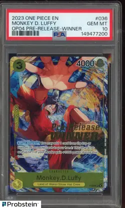 2022-23 One Piece Promo P036 Monkey D Luffy Pre-Release Tournament Winner PSA 10 - Image 1