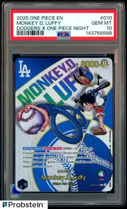 2025 ONE PIECE PROMOS DODGERS X ONE PIECE NIGHT #010 MONKEY D. LUFFY PSA 10 - Image 1