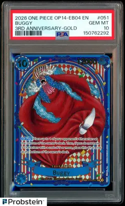 2026 One Piece OP14-EB04 EN 3rd Anniversary Gold #051 Buggy PSA 10 GEM MINT - Image 1