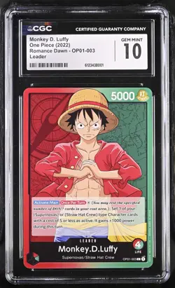 CGC 10 - Monkey D. Luffy OP01-003 PRE-ERRATA Leader One Piece Romance Dawn 2022 - Image 1