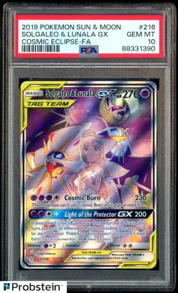 2019 Pokemon Sun & Moon Cosmic Eclipse #216 FA Solgaleo & Lunala GX PSA 10 - Image 1