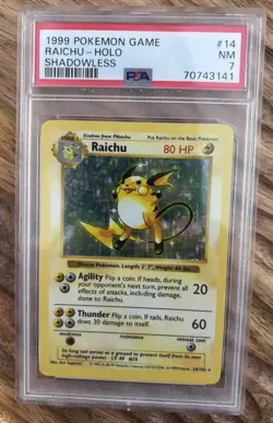 1999 POKEMON BASE SET SHADOWLESS #14 RAICHU-HOLO PSA 7 - Image 1