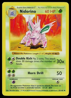 Pokemon Card - Nidorino Base Set Shadowless 37/102 Unlimited Uncommon - Image 1