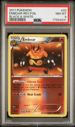 2011 Pokemon Black & White Base Set 20 Emboar Rare Reverse Holo PSA 8 POP 3 - Image 1
