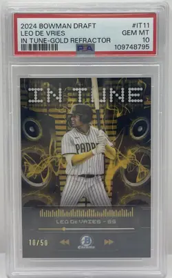 2024 Bowman Chrome Draft Leo De Vries In Tune Gold Refractor #/50 PSA 10 GEM SP - Image 1