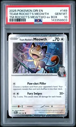 2025 Pokemon Destined Rivals #149 Team Rocket'S Meowth Mewtwo Ex Box PSA 10 - Image 1