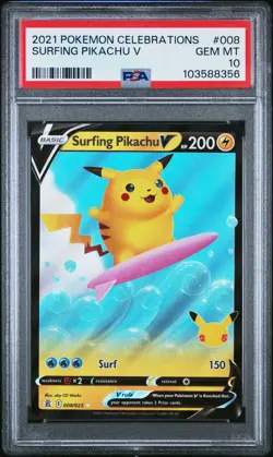 2021 POKEMON CELEBRATIONS #008 SURFING PIKACHU V PSA 10 - Image 1