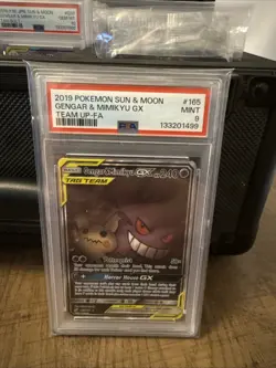 2019 POKEMON SUN & MOON TEAM UP #165 FULL ART/GENGAR & MIMIKYU GX PSA 9 - Image 1