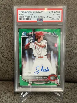🔥Steele Hall 2025 Bowman Draft 1st Green Lava Refractor Auto #/99 Reds PSA 10💎 - Image 1