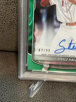 🔥Steele Hall 2025 Bowman Draft 1st Green Lava Refractor Auto #/99 Reds PSA 10💎 - Image 2
