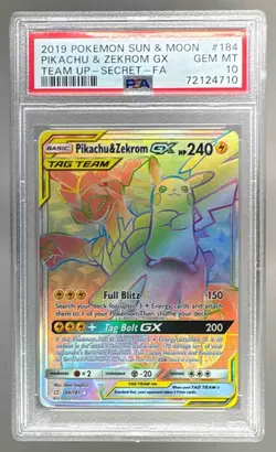Pikachu & Zekrom GX 2019 Pokemon Sun Moon Team Up #184 Secret Full Art PSA 10 - Image 1