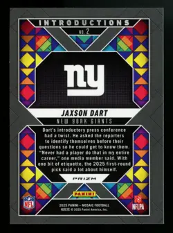Jaxson Dart 2025 Mosaic Introductions Silver Prizm #2 Rookie RC New York Giants - Image 3