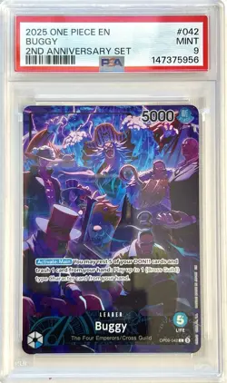 2025 ONE PIECE BUGGY OP09-042 2ND ANNIVERSARY FOIL LEADER PSA 9 ENGLISH - Image 1