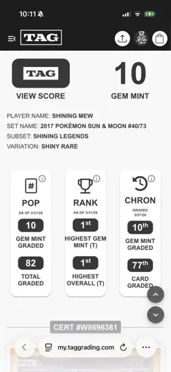 Shining Mew 40/73 Shining Legends Shiny Rare Tag 10 Cert - W8696381 - Image 3