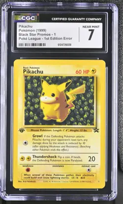 1999 Pokemon Black Star Promos Pikachu 1st Edition Error Poke League CGC 7 #1 - Image 1