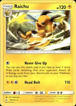 Pokemon Raichu SM - Unbroken Bonds 55/214 Light Play LP+ or Better - Image 1