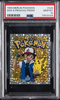 1999 MERLIN POKEMON #S29 ASH & PIKACHU-PRISM PSA 10 - Image 1
