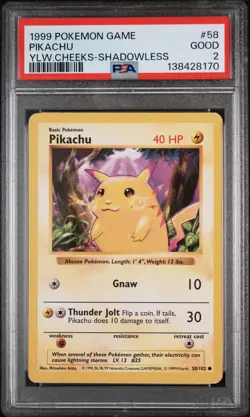 1999 POKEMON BASE SET SHADOWLESS YELLOW CHEEKS #58 PIKACHU PSA 2 - Image 1