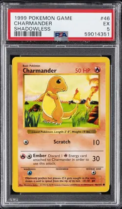 1999 POKEMON BASE SET SHADOWLESS #46 CHARMANDER PSA 5 - Image 1