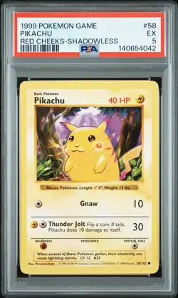 1999 POKEMON BASE SET RED CHEEKS-SHADOWLESS #58 PIKACHU PSA 5 - Image 1