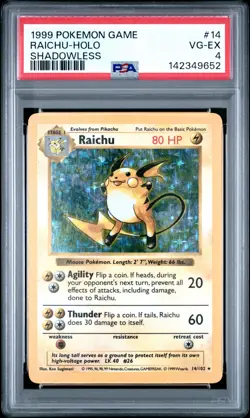 1999 POKEMON BASE SET SHADOWLESS #14 RAICHU-HOLO PSA 4 - Image 1