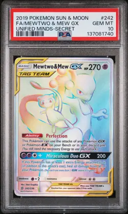 2019 POKEMON SUN & MOON UNIFIED MINDS SECRET FULL ART/MEWTWO & MEW GX PSA 10 - Image 1