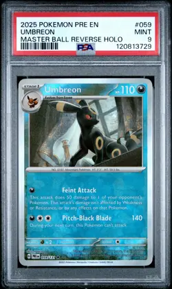 2025 POKEMON PRE EN-PRISMATIC EVOLUTIONS MASTER BALL REVERSE HOLO UMBREON PSA 9 - Image 1