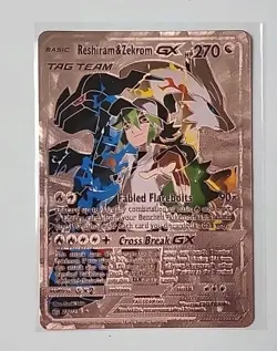 Pokemon Reshiram & Zekrom GX 270hp Tag Team Rose Gold Foil Fan Art Display Card - Image 1