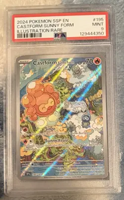 Pokemon 2024 SV Surging Sparks SSP en Castform Sunny Form #195/191 PSA 9 - Image 1