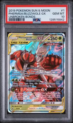 2019 Pokemon—Pheromosa & Buzzwole GX #1 Sun & Moon Unbroken Bonds— PSA 10 - Image 1