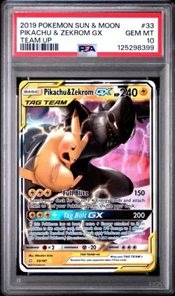 2019 POKEMON SUN & MOON TEAM UP #33 PIKACHU & ZEKROM GX PSA 10 - Image 1