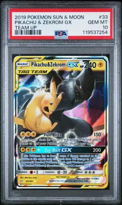 2019 POKEMON SUN & MOON TEAM UP #33 PIKACHU & ZEKROM GX PSA 10 - Image 1