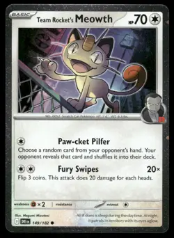 Pokemon Cards Team Rocket's Meowth 149/182 COSMOS HOLO Destined Rivals Common NM - Image 1