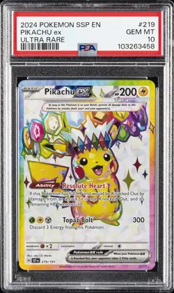 2024 POKEMON SSP EN-SURGING SPARKS ULTRA RARE #219 PIKACHU EX PSA 10 - Image 1