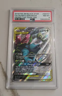 Pokemon Celebi & Venusaur GX Tag Team Tins Full Art Promo SM167 PSA 8 Gem Mint - Image 1