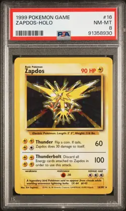 1999 POKEMON BASE SET UNLIMITED #16 ZAPDOS-HOLO PSA 8 - Image 1